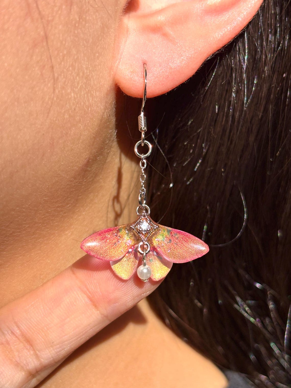 Rosy Maple Moth Earrings, Moth Wings With Pearl, Insect Fairy Resin Jewelry, Gift for her
