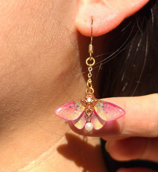 Rosy Maple Moth Earrings, Moth Wings With Pearl, Insect Fairy Resin Jewelry, Gift for her